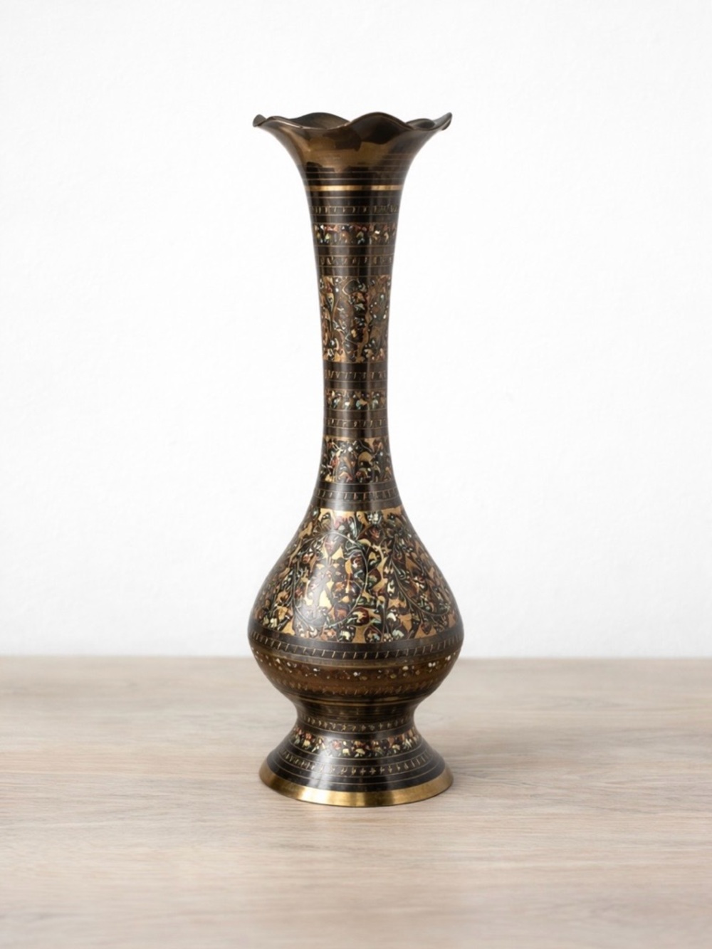 Vintage Brass Inlay Vase – Decorative Tall Metal Bud Vase
